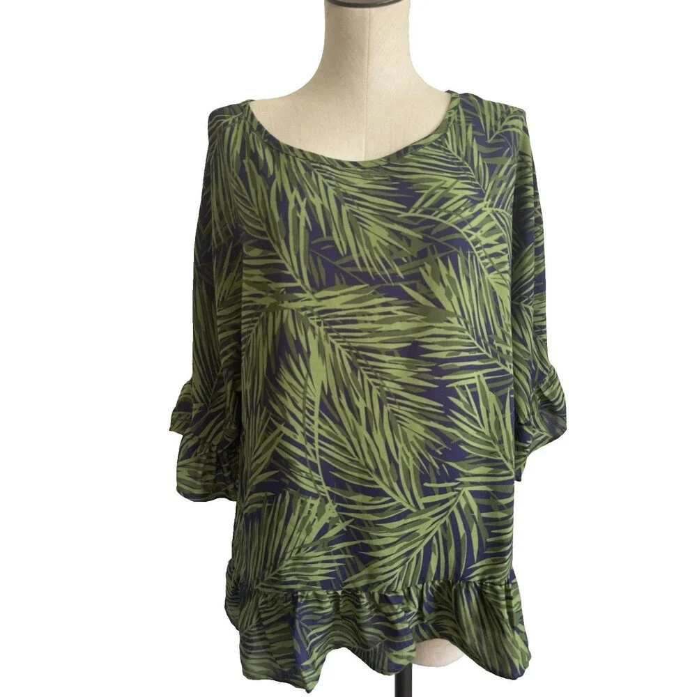 Bon Worth Tropical Leaf Print Blouse Ruffle Oversized Boxy Size Small